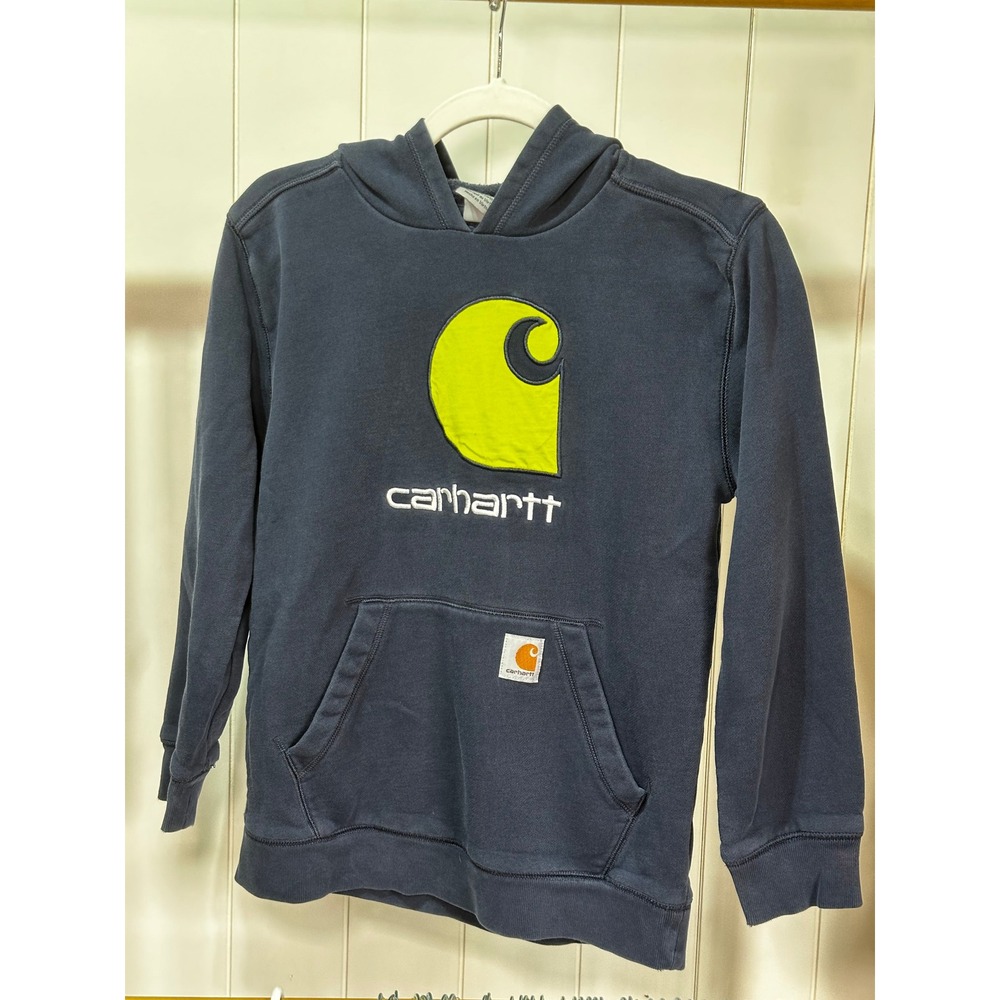 Carhartt Boys Navy Blue Hoodie Lime Green Logo Pullover Sweatshirt Size M 10-12